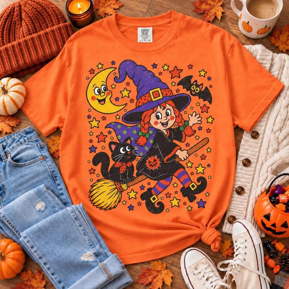 Retro 90S Witch & Cat Halloween Tee Nostalgic Shirt